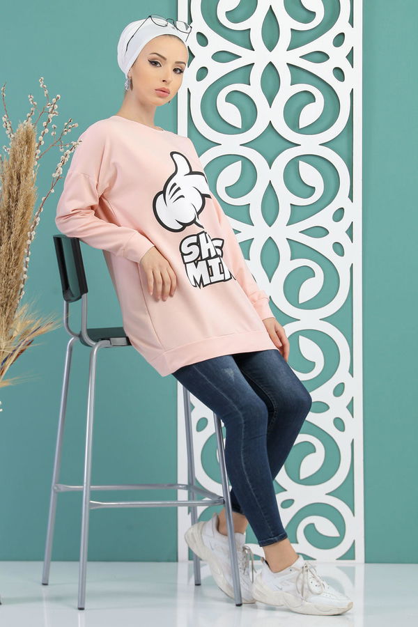 Düz Orta Kadın Pembe Baskılı Tunik Siyah  - 5099