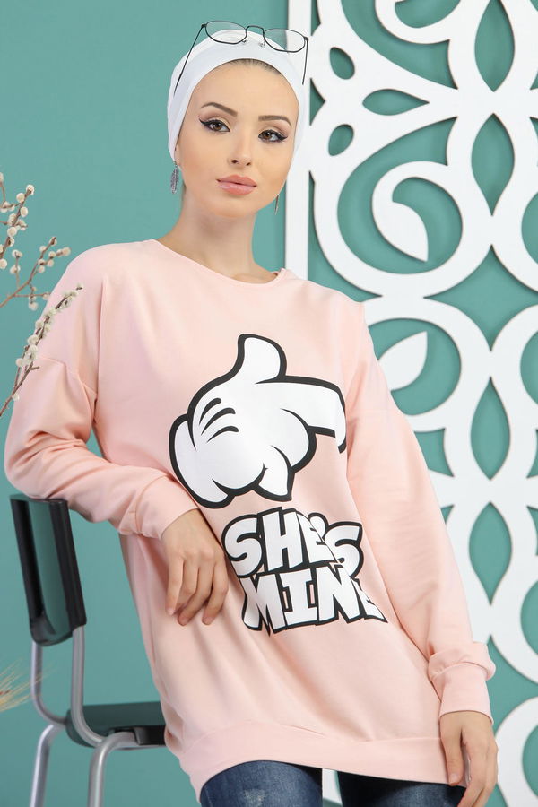 Düz Orta Kadın Pembe Baskılı Tunik Siyah  - 5099