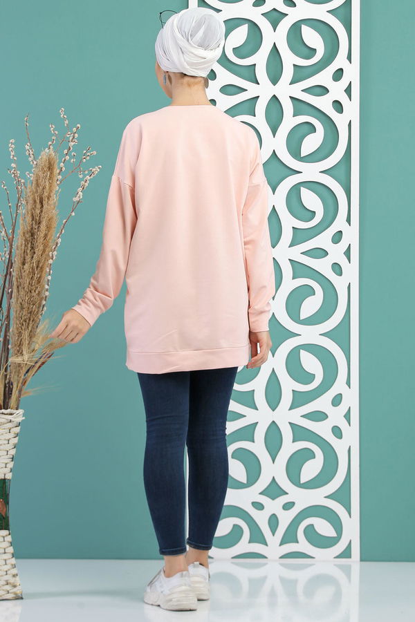 Düz Orta Kadın Pembe Baskılı Tunik Siyah  - 5099