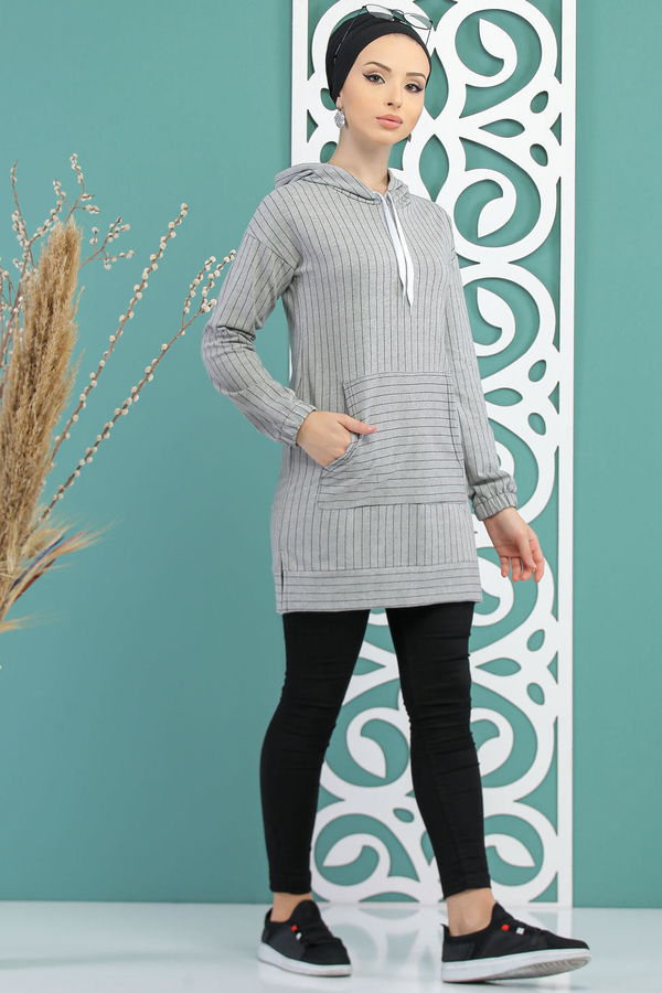 Düz Orta Kadın Gri Kapşonlu Tunik Gri - 4100 - 4100 GRİ