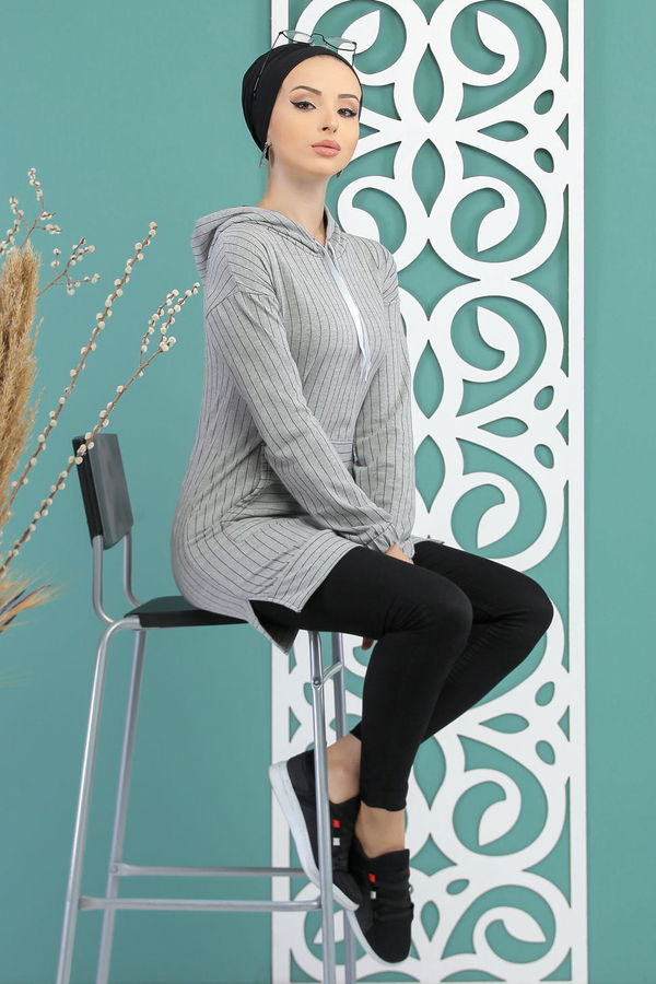 Düz Orta Kadın Gri Kapşonlu Tunik Gri - 4100 - 4100 GRİ