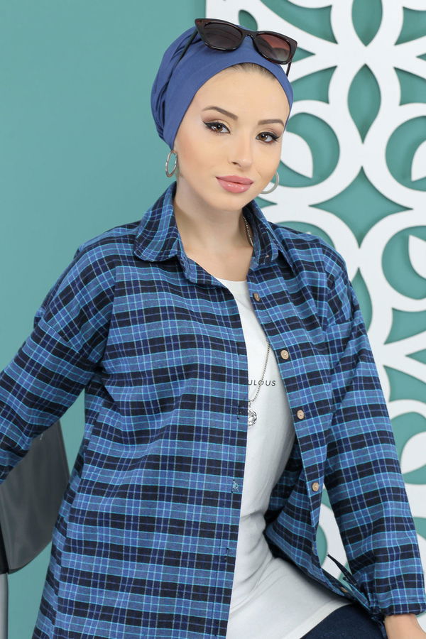 Düz Orta Kadın Mavi Ekose Tunik Saks - 02 7728 - 7728
