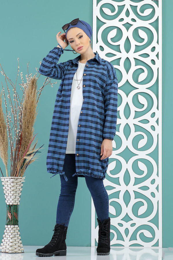 Düz Orta Kadın Mavi Ekose Tunik Saks - 02 7728 - 7728