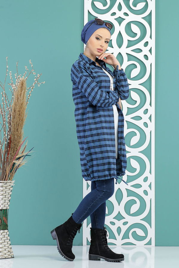Düz Orta Kadın Mavi Ekose Tunik Saks - 02 7728 - 7728