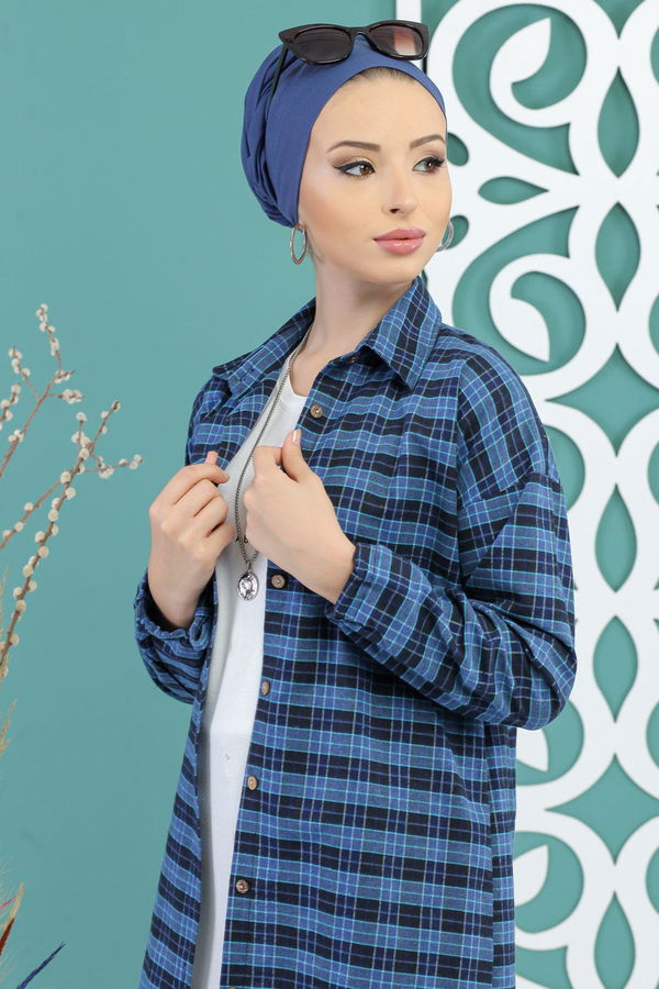 Düz Orta Kadın Mavi Ekose Tunik Saks - 02 7728 - 7728