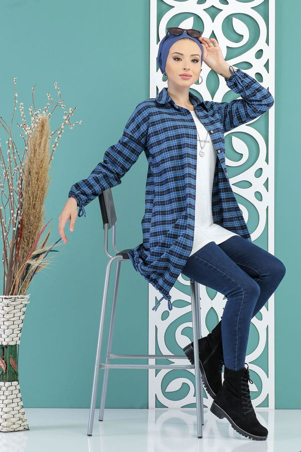 Düz Orta Kadın Mavi Ekose Tunik Saks - 02 7728 - 7728