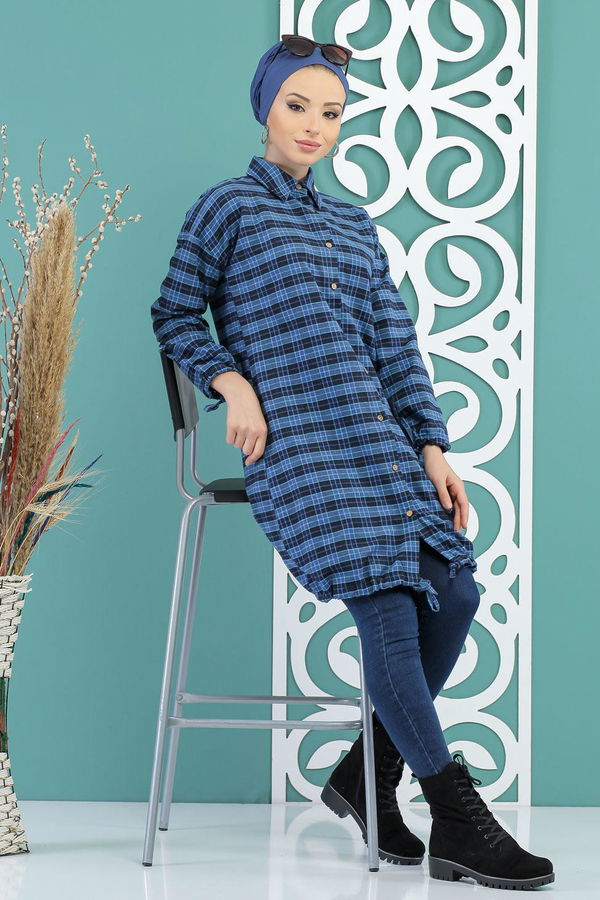 Düz Orta Kadın Mavi Ekose Tunik Saks - 02 7728 - 7728