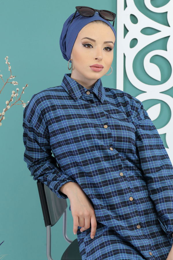 Düz Orta Kadın Mavi Ekose Tunik Saks - 02 7728 - 7728