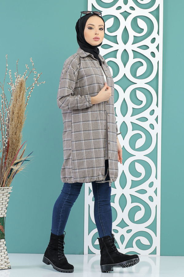 Düz Orta Kadın Vizon Ekose Tunik Vizon - 02 7686 - 7686 VİZON