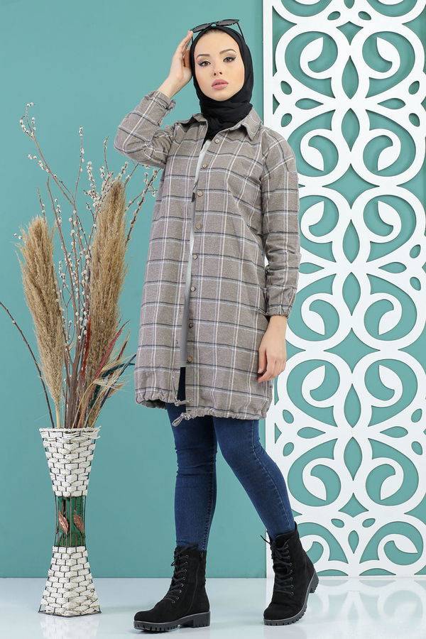 Düz Orta Kadın Vizon Ekose Tunik Vizon - 02 7686 - 7686 VİZON