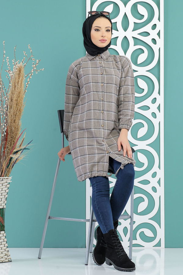 Düz Orta Kadın Vizon Ekose Tunik Vizon - 02 7686 - 7686 VİZON