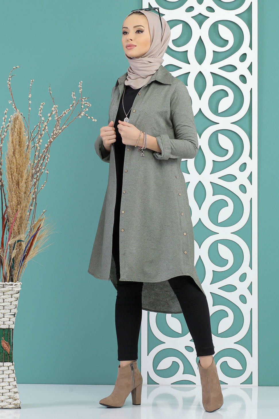 Düz Orta Kadın Haki Dügme Detay Tunik Haki - 02 7730 - 7730 HAKİ