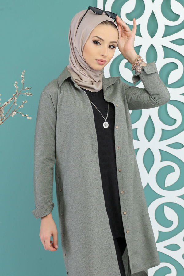 Düz Orta Kadın Haki Dügme Detay Tunik Haki - 02 7730 - 7730 HAKİ