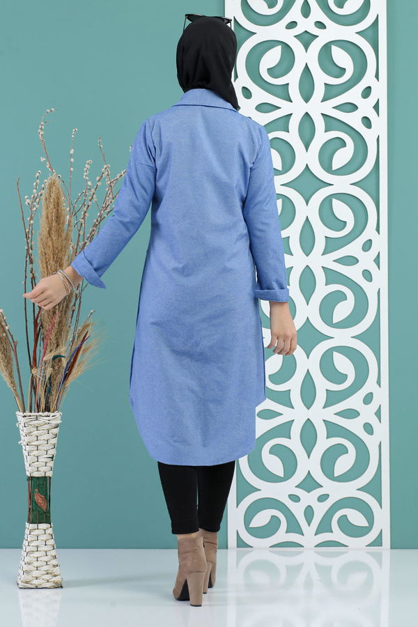 Düz Orta Kadın Mavi Dügme Detay Tunik Saks - 02 7730 - 7730 MAVİ