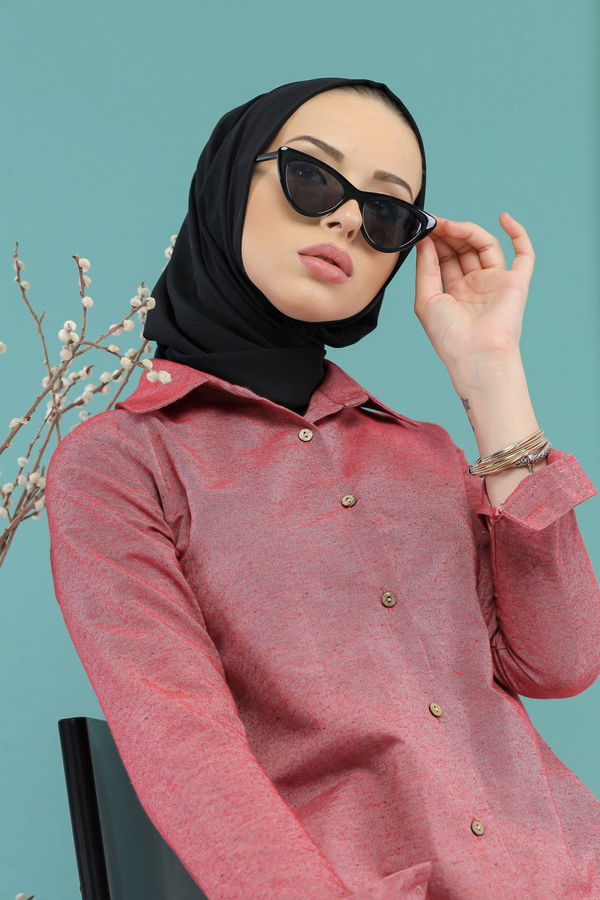 Düz Orta Kadın Pembe Dügme Detay Tunik Gul - 02 7730 - 7730 PEMBE