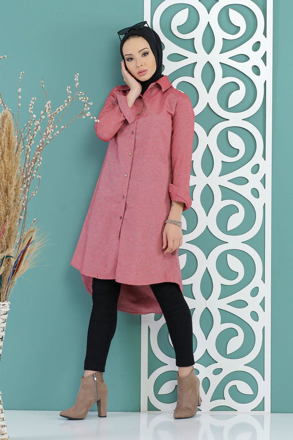 Düz Orta Kadın Pembe Dügme Detay Tunik Gul - 02 7730 - 7730 PEMBE