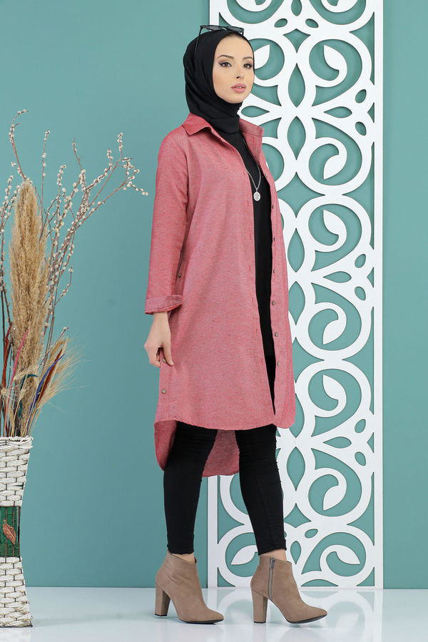 Düz Orta Kadın Pembe Dügme Detay Tunik Gul - 02 7730 - 7730 PEMBE