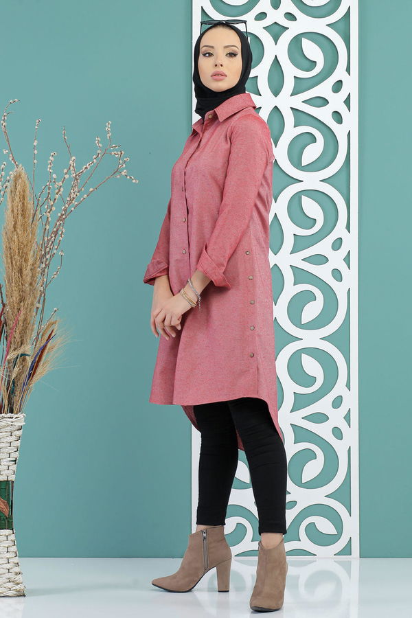 Düz Orta Kadın Pembe Dügme Detay Tunik Gul - 02 7730 - 7730 PEMBE