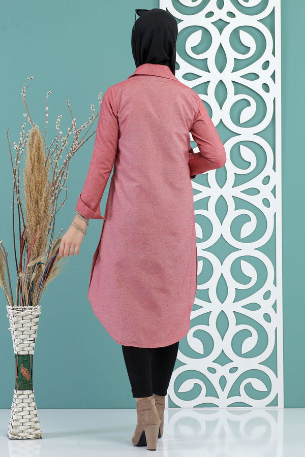Düz Orta Kadın Pembe Dügme Detay Tunik Gul - 02 7730 - 7730 PEMBE
