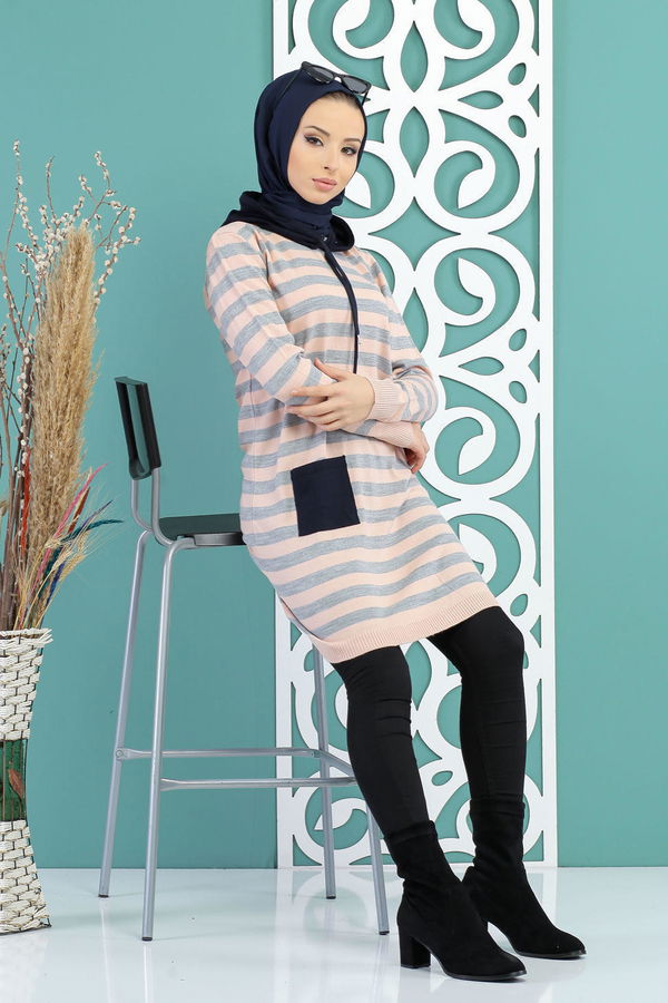 Düz Orta Kadın Pembe Çizgili Kapşonlu Tunik Siyah  - 7736