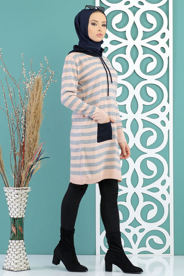 Düz Orta Kadın Pembe Çizgili Kapşonlu Tunik Siyah  - 7736