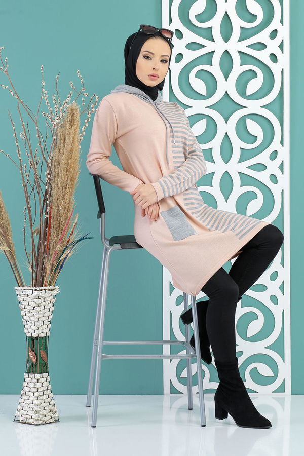 Düz Orta Kadın Pembe İntersiye Çizgili Tunik Siyah  - 7737 PEMBE