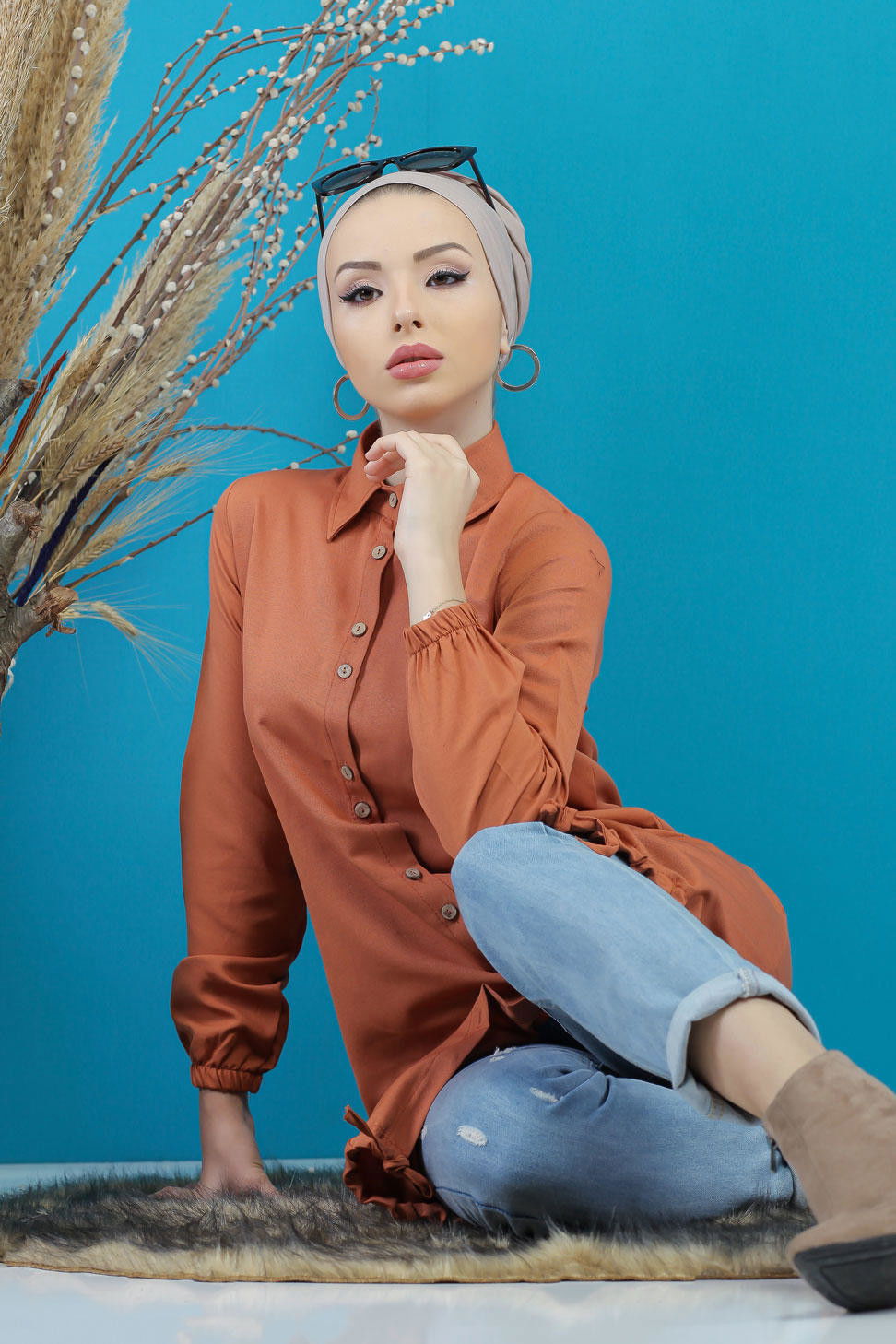 Düz Orta Kadın Kiremit Tunik Siyah  - 7656 KİREMİT
