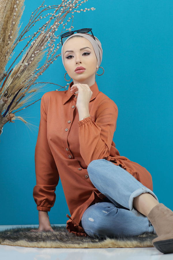 Düz Orta Kadın Kiremit Tunik Siyah  - 7656 KİREMİT