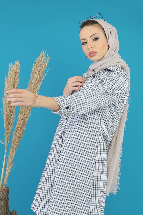 Düz Orta Kadın Siyah Ekose Tunik Beyaz Siyah  - 7761