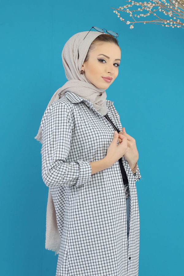 Düz Orta Kadın Siyah Ekose Tunik Beyaz Siyah  - 7761