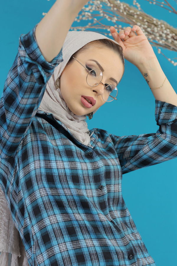 Düz Orta Kadın Mavi Ekose Tunik Mavi  - 7755 MAVİ