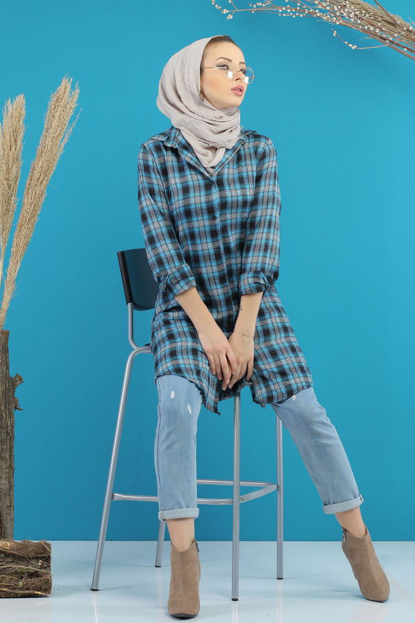 Düz Orta Kadın Mavi Ekose Tunik Mavi  - 7755 MAVİ