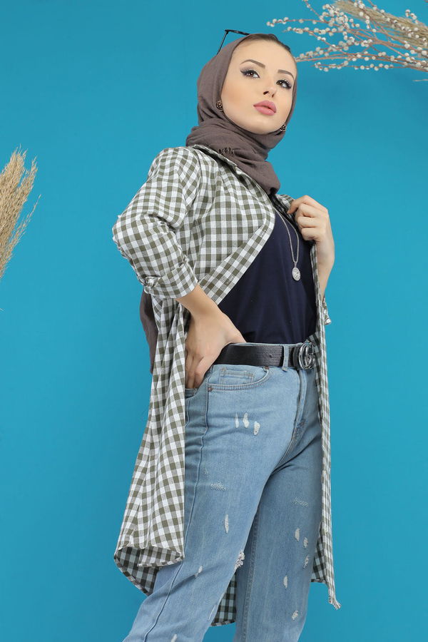 Düz Orta Kadın Haki Ekose Tunik Siyah  - 7752 HAKİ