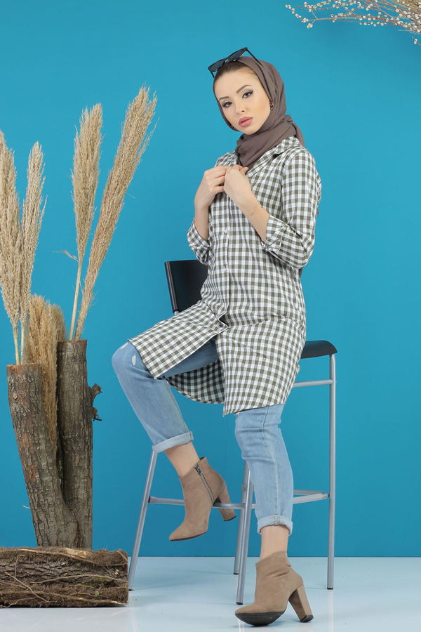 Düz Orta Kadın Haki Ekose Tunik Siyah  - 7752 HAKİ