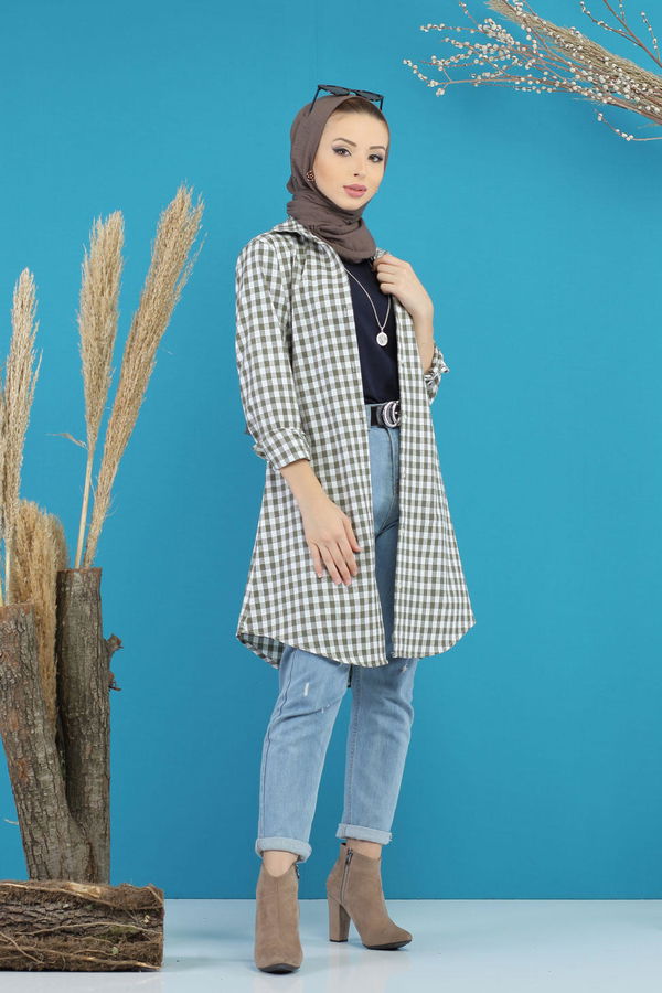 Düz Orta Kadın Haki Ekose Tunik Siyah  - 7752 HAKİ
