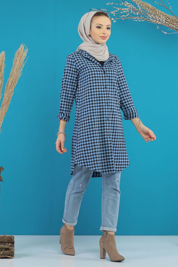 Düz Orta Kadın Siyah Ekose Tunik Siyah Mavi - 7752 - 7752 SİYAH