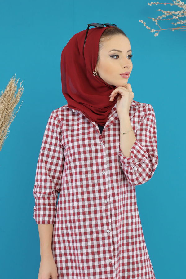 Düz Orta Kadın Bordo Ekose Tunik Siyah  - 7752 BORDO