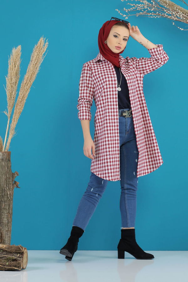 Düz Orta Kadın Bordo Ekose Tunik Siyah  - 7752 BORDO