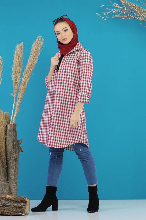 Düz Orta Kadın Bordo Ekose Tunik Siyah  - 7752 BORDO