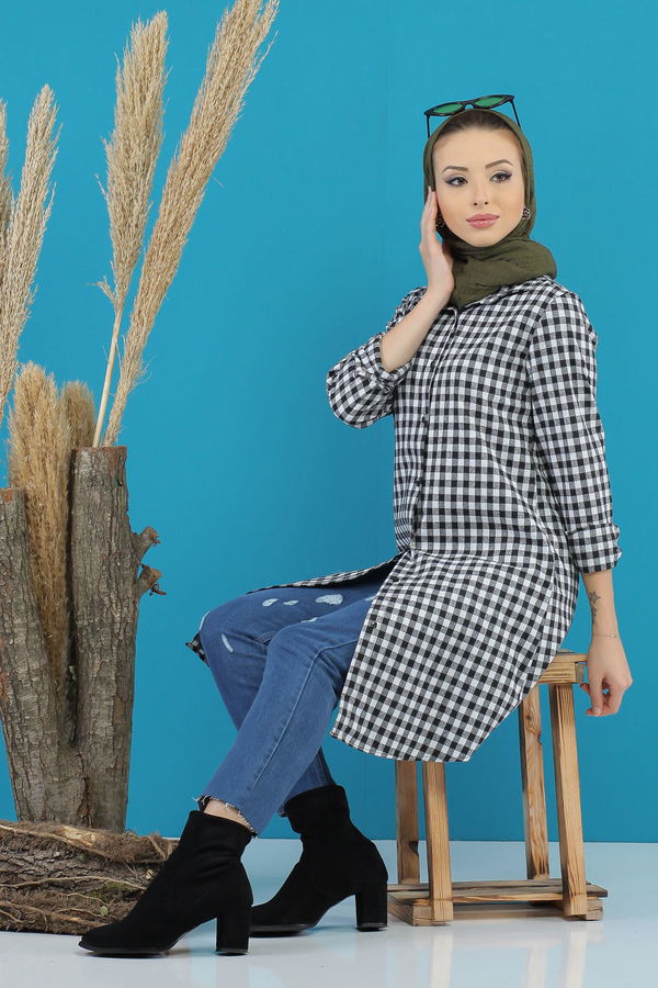Düz Orta Kadın Siyah Ekose Tunik Siyah  - 7752 SİYAH