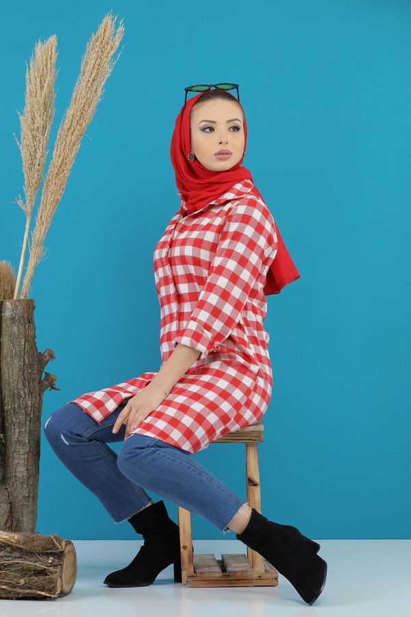 Düz Orta Kadın Kırmızı Ekose Tunik Kırmızı  - 7753 Kırmızı