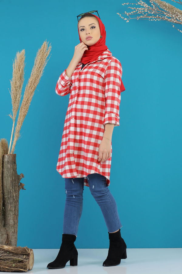 Düz Orta Kadın Kırmızı Ekose Tunik Kırmızı  - 7753 Kırmızı