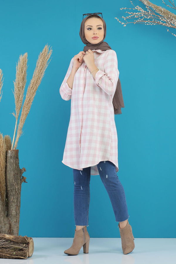 Düz Orta Kadın Pembe Ekose Tunik Kırmızı  - 7753 PEMBE