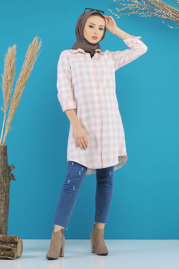Düz Orta Kadın Pembe Ekose Tunik Kırmızı  - 7753 PEMBE