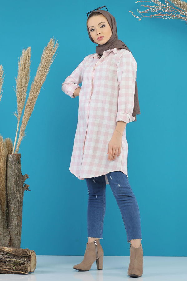 Düz Orta Kadın Pembe Ekose Tunik Kırmızı  - 7753 PEMBE