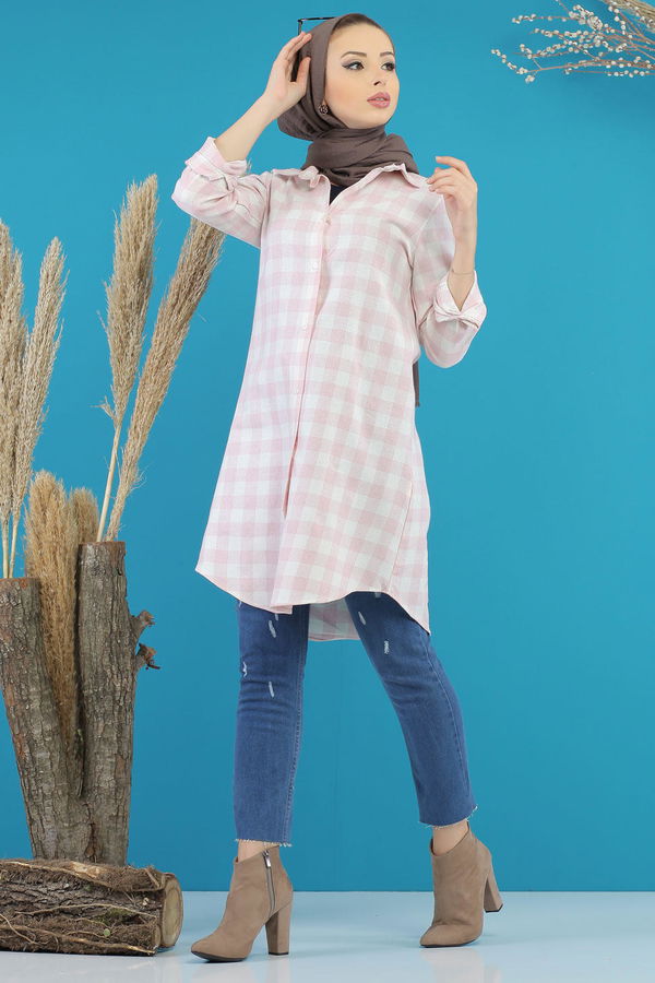 Düz Orta Kadın Pembe Ekose Tunik Kırmızı  - 7753 PEMBE