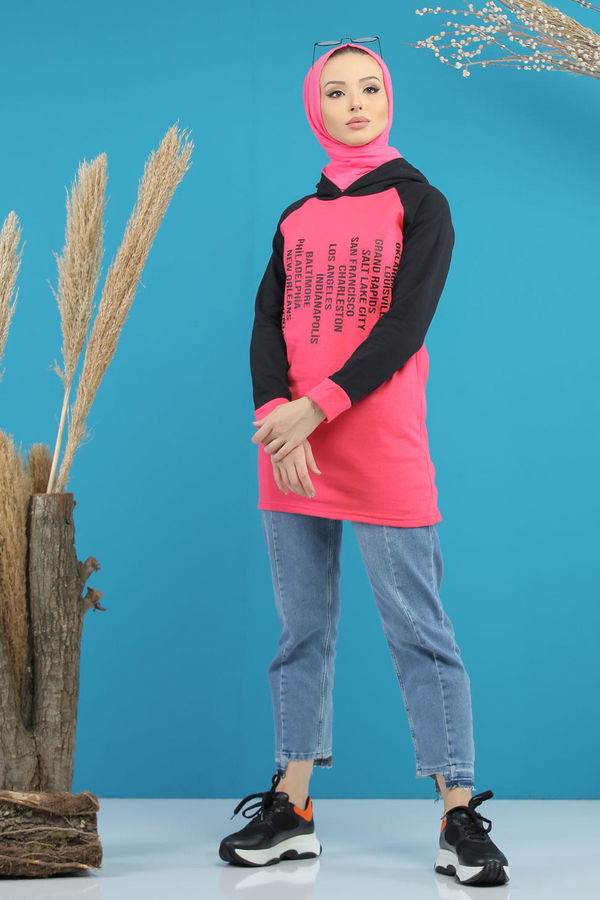 Düz Orta Kadın Pembe Kapşonlu Baskılı Tunik Siyah  - 7769 PEMBE