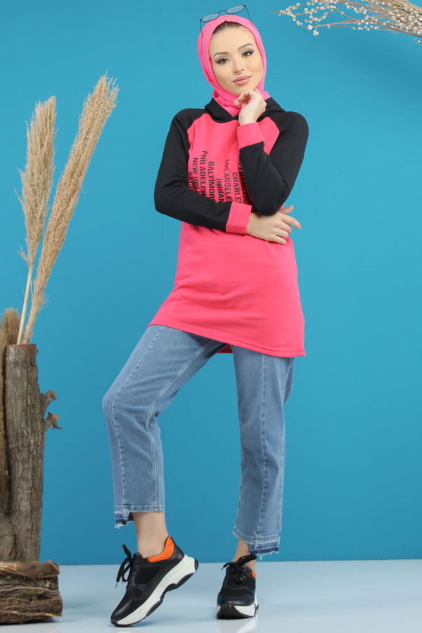Düz Orta Kadın Pembe Kapşonlu Baskılı Tunik Siyah  - 7769 PEMBE