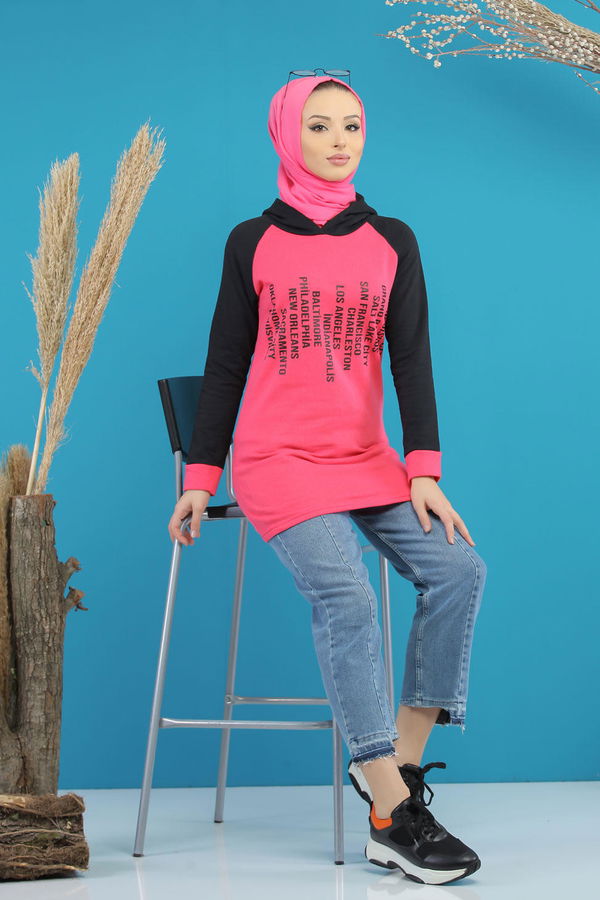 Düz Orta Kadın Pembe Kapşonlu Baskılı Tunik Siyah  - 7769 PEMBE