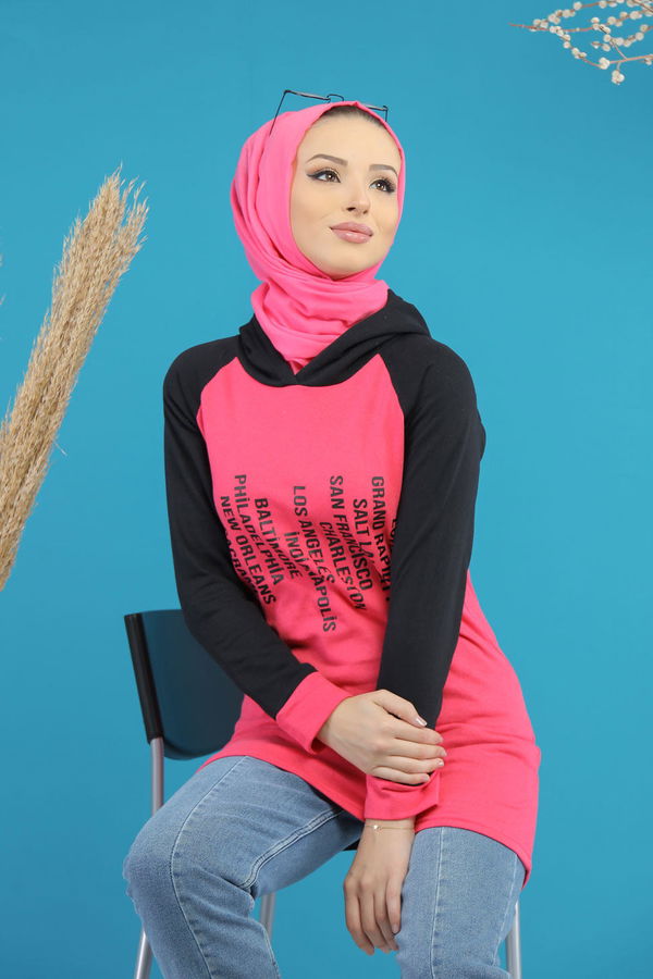 Düz Orta Kadın Pembe Kapşonlu Baskılı Tunik Siyah  - 7769 PEMBE